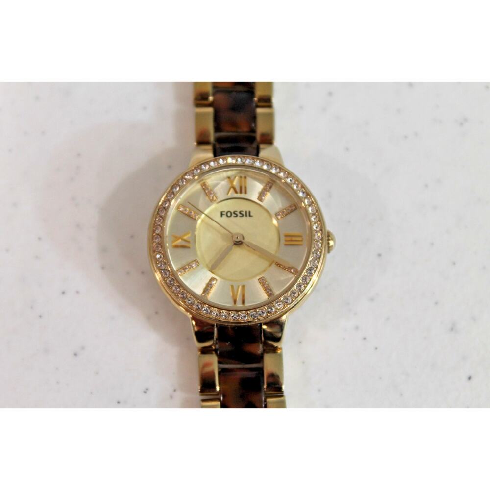 Fossil Virginia Women Watch Gold Tone Tortoise Band Embellish Trim Face ES3314